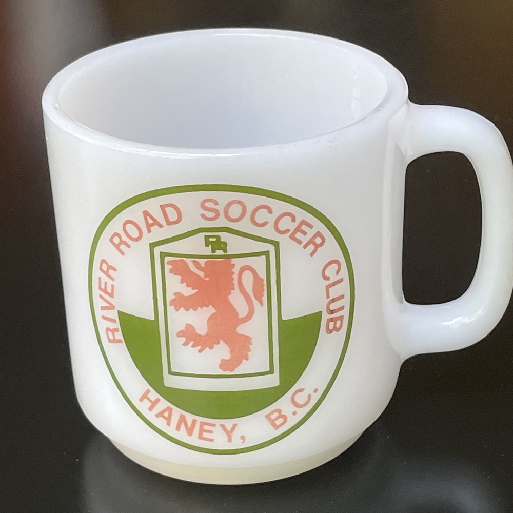 Vintage Glasbake Milk Glass Coffee Mug River Road Soccer Club FC Haney BC USA 77
